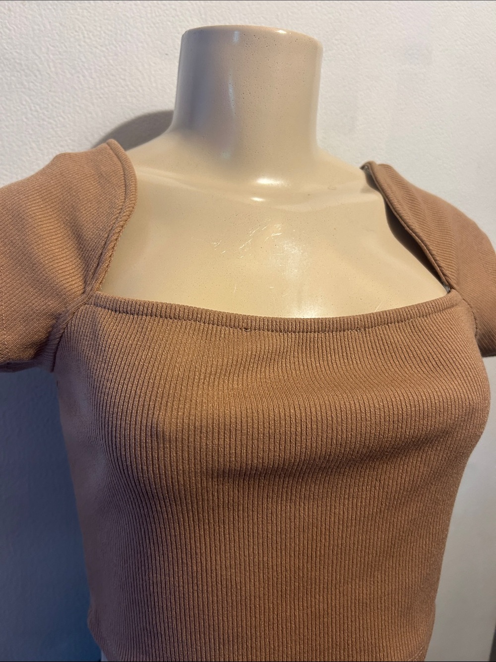 Square-Neck Ribbed Crop Top in Tan - Picture 2 of 5